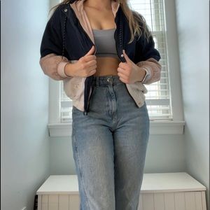 vintage blue pink white multicolor corduroy jacket zip up with hood